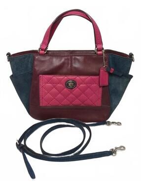 Coach Burgundy Navy Pink Colorblock Quilted Leather Suede Crossbody Bag Small